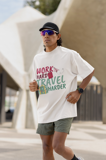 WORK HARD, TRAVEL HARDER – MEN'S OVERSIZED T-SHIRT