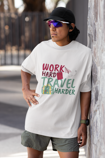 WORK HARD, TRAVEL HARDER – MEN'S OVERSIZED T-SHIRT