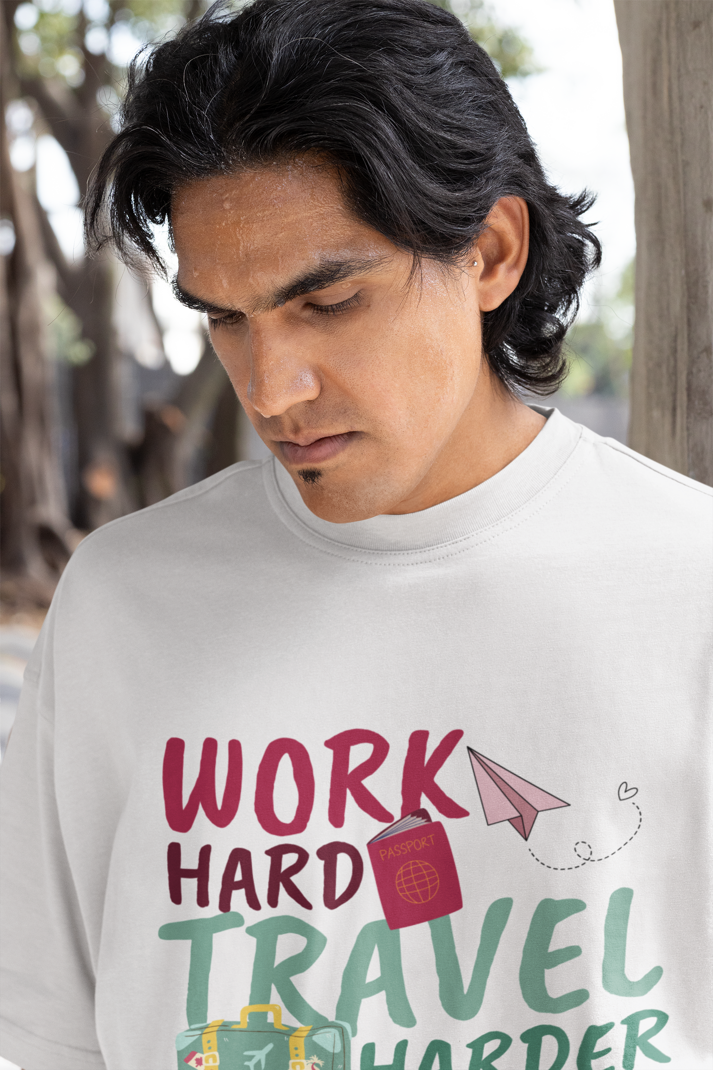 WORK HARD, TRAVEL HARDER – MEN'S OVERSIZED T-SHIRT